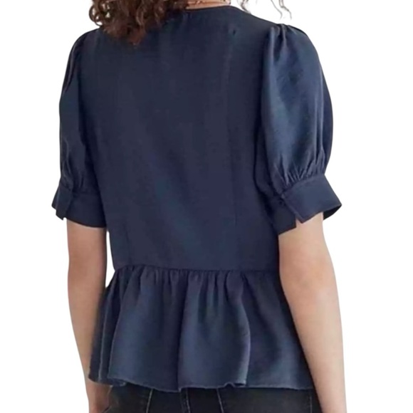 Madewell Navy Peplum Button Front Puff Sleeve Blouse Size M Viscose Top - Picture 3 of 7